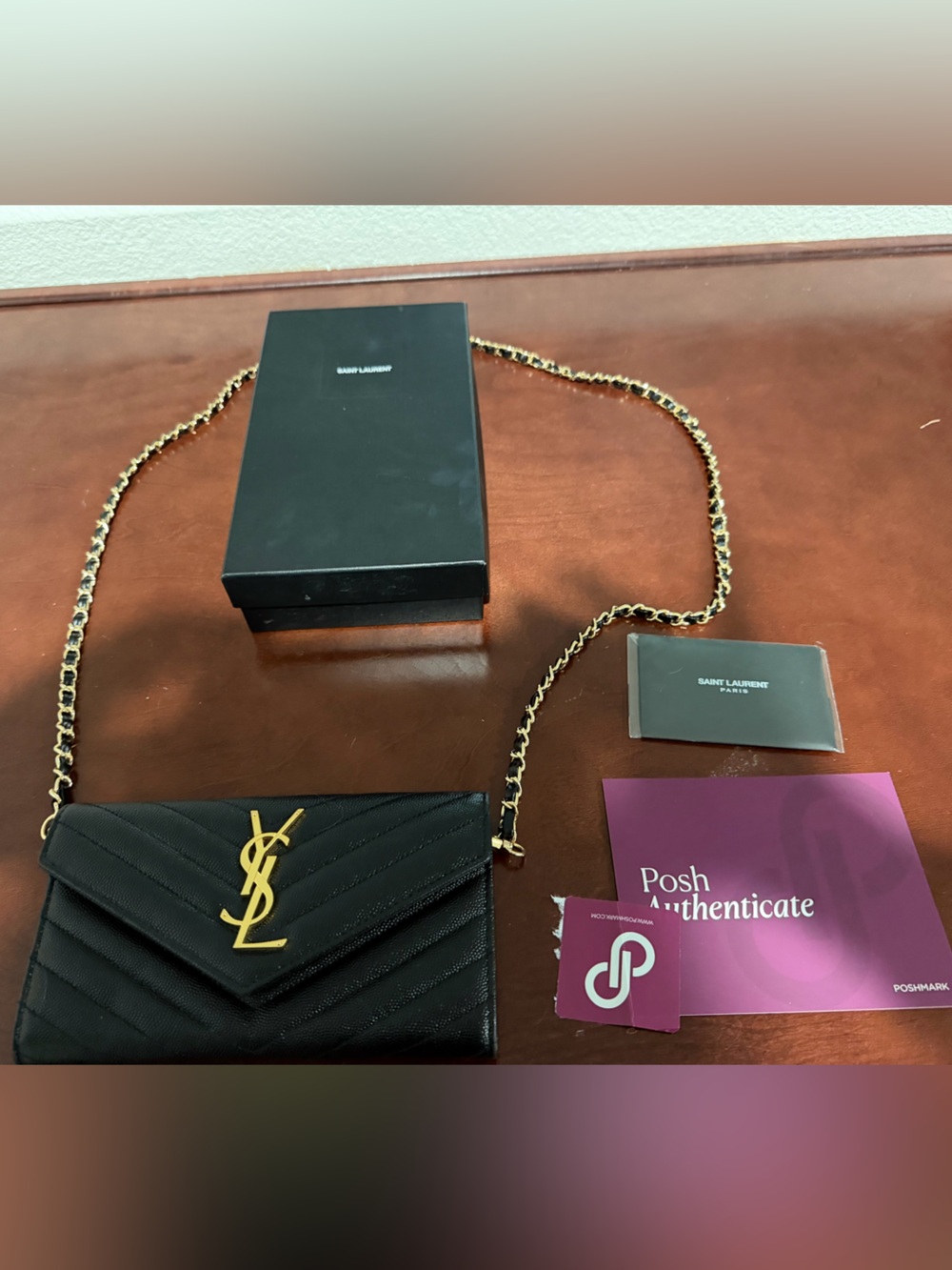 Yves Saint Laurent Black Quilted Leather Wallet on Chain with Gold Hardware